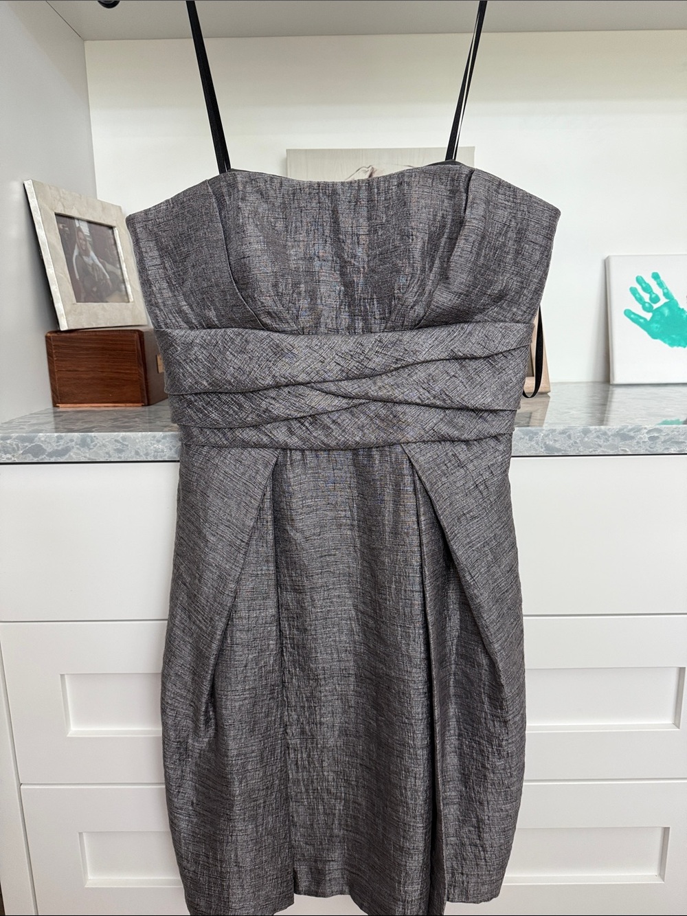Max & Cleo Silver Strapless Pleated Waist Cocktail Dress